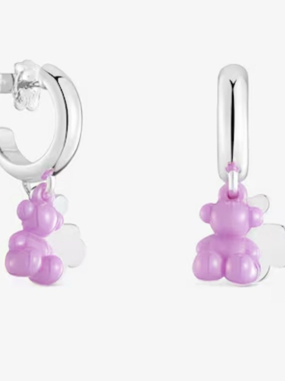 Tous brand Silver Hoop Earrings with Purple Teddy Bear Charm